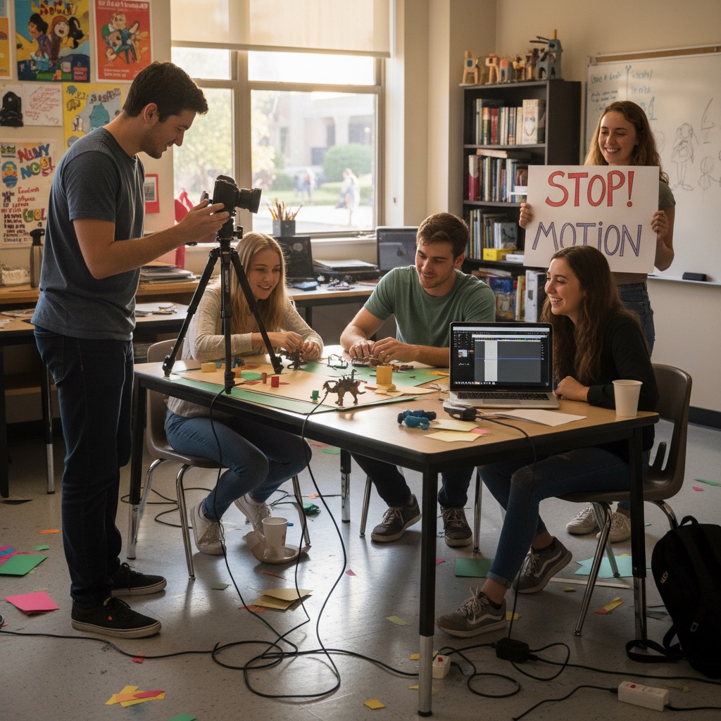 A group of students works together in a classroom to create a stop-motion animation project using a camera on a tripod and a laptop.